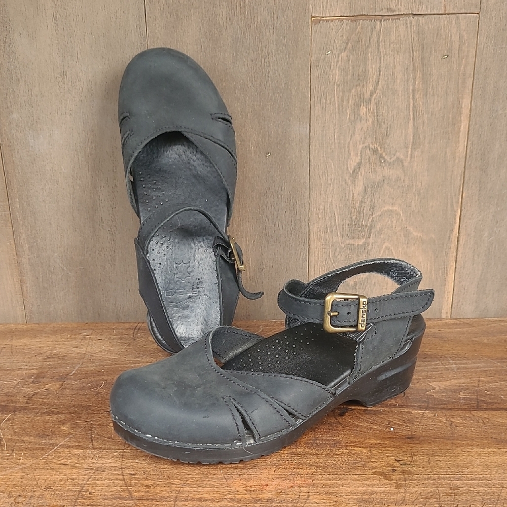 Dansko Black Leather Mules with Buckle